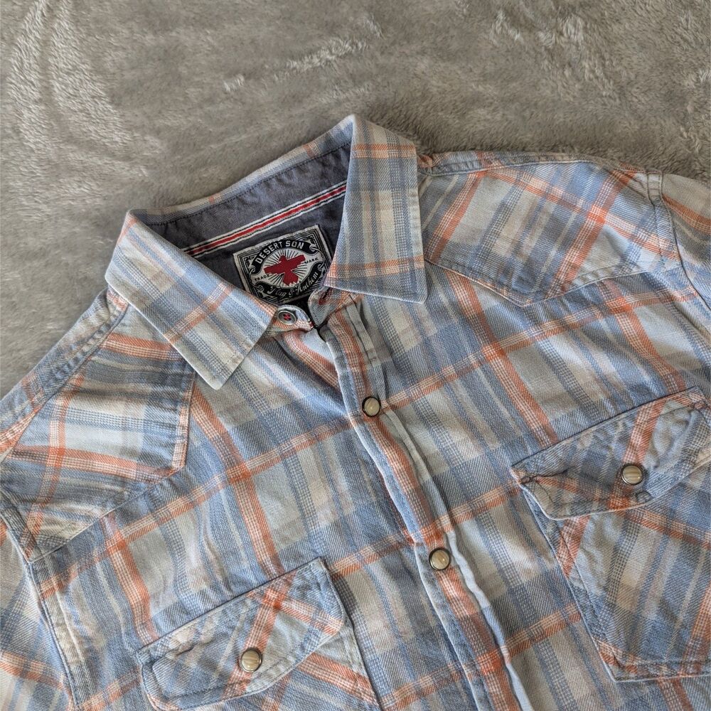 Desert Son Flag & Anthem Pearl Snap Shirt Mens Medium Blue Orange Plaid Western